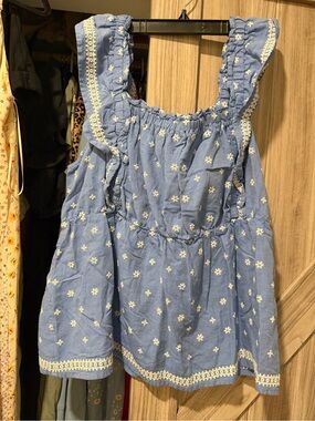 Old Navy Blue Floral Embroidered Ruffle Tank Top